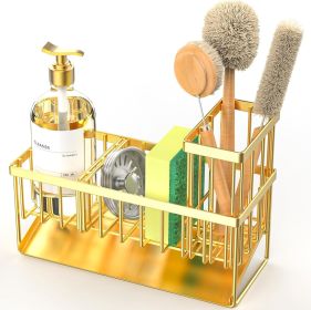 Gold Kitchen Sink Caddy Organzier with High Brush Holder, Sponge Holder for Sink, 304 Rustproof Stainless, Kitchen Countertop Soap Dispenser Organizer