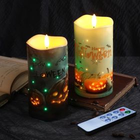 Eywamage Fiber Optic Halloween Flameless Candles, Spooky Pumpkin LED Pillar Candles with Remote, Battery Operated, Set of 2