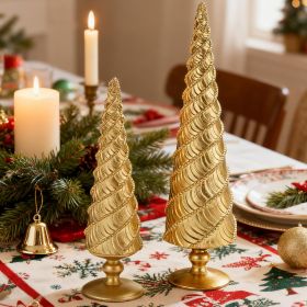 2Pcs Christmas Tree Figurines, Gold Resin Christmas Trees with Spiral Design, Small Decorative Tabletop Trees for Mantel