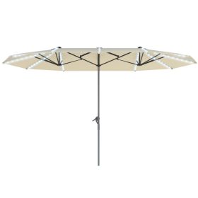15ft Double-Sided Outdoor Umbrella With Solar Lights, Extra Large Aluminum Patio Umbrella With Crank, Cream White (Option: WHITE)